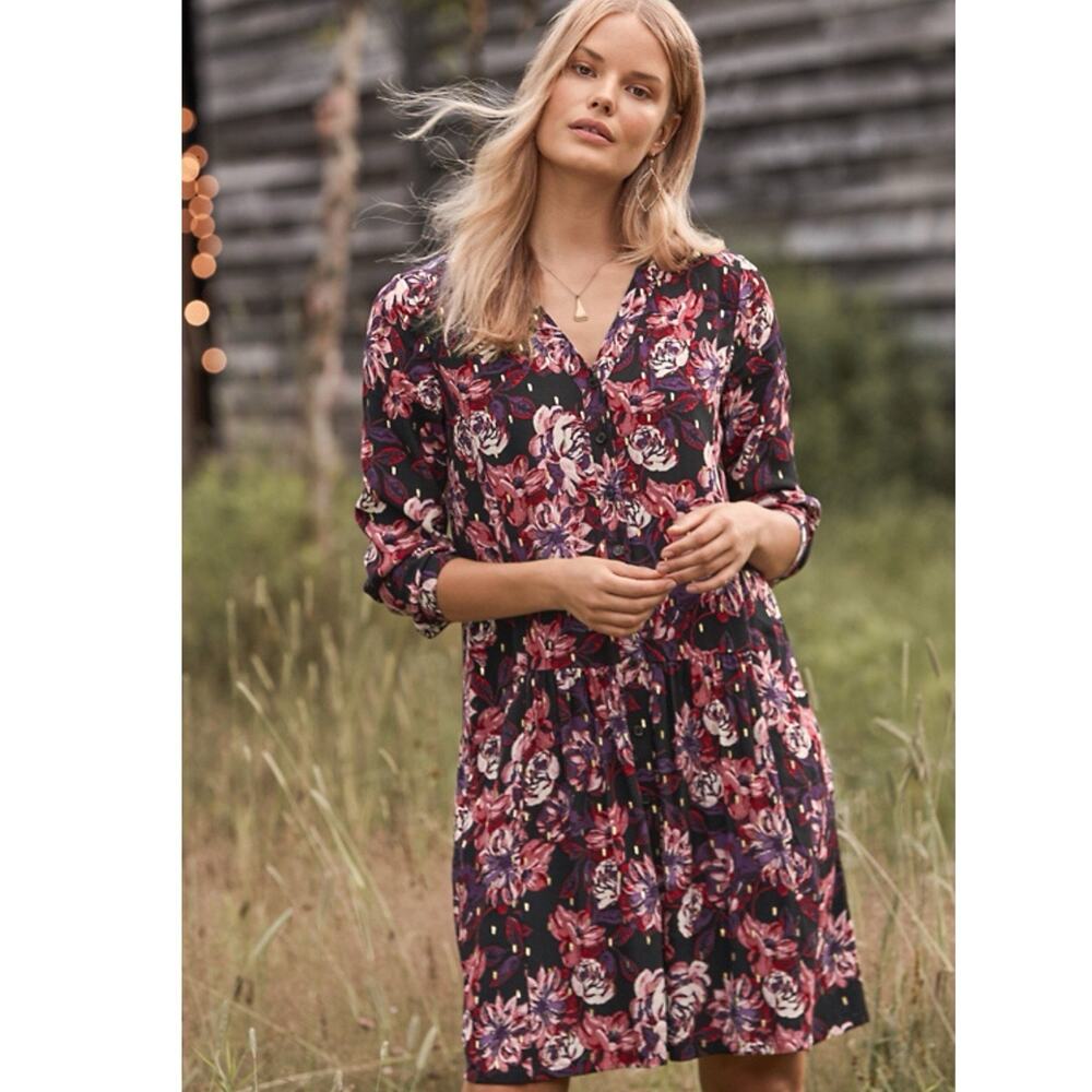 Garnet Hill Drop waist Dress floral burgundy gold size 14 Boho Chic whimsigoth